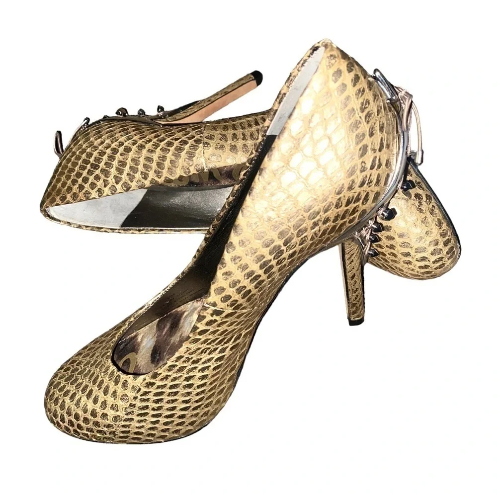 Sam Edelman Evan Snakeskin Gold Spike Heels Size 6 - Picture 5 of 15